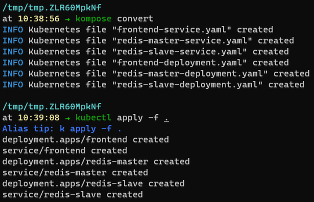 The output of running the “compose convert” command, and then applying that to a Kubernetes cluster with kubectl.
