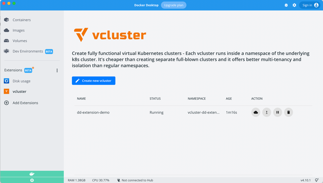 The UI of the vcluster extension for Docker Desktop.