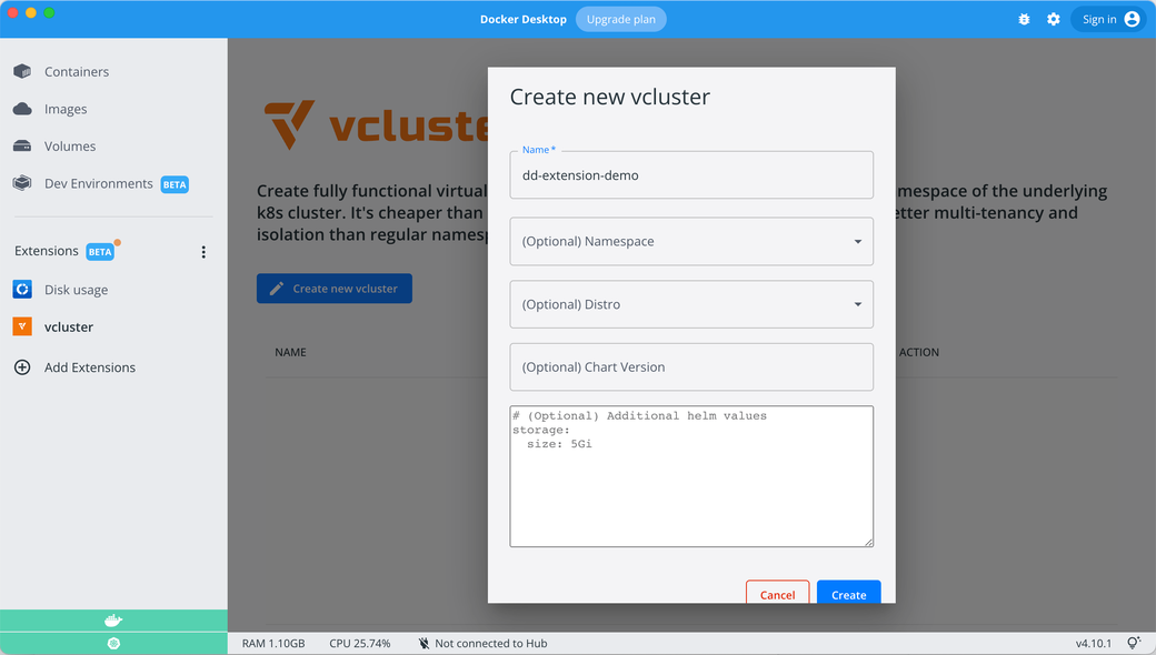 The input form for creating a new cluster from the vcluster extension for Docker Desktop