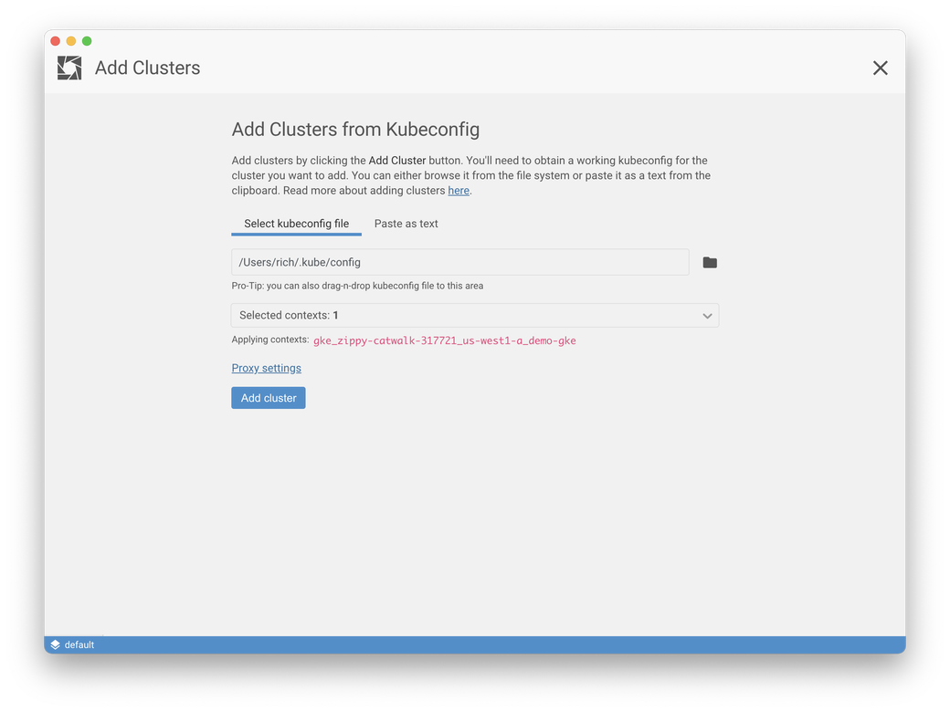 Screenshot showing how to add a cluster to Lens from a Kubeconfig