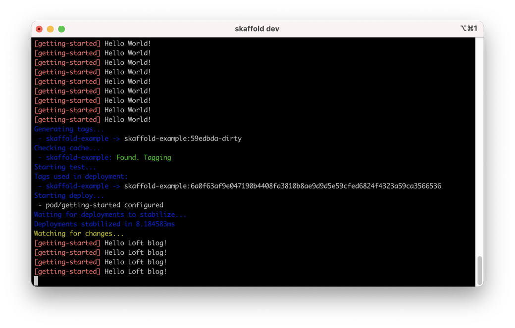 Screenshot of Skaffold updating a running app